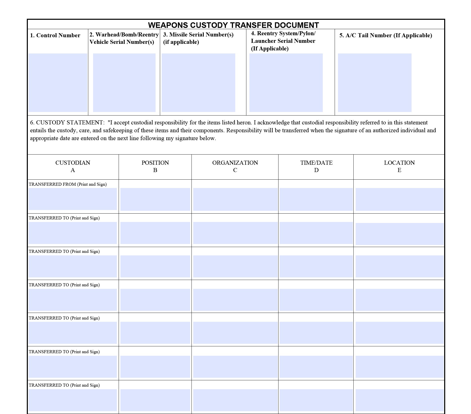 AF Form 504 - Weapons Custody Transfer Document PDF